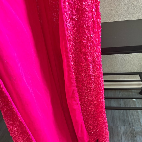 SHERRI HILL | 54330 One Shoulder High Slit Sequin Dress in Neon Pink | Size 0 - Picture 7 of 16
